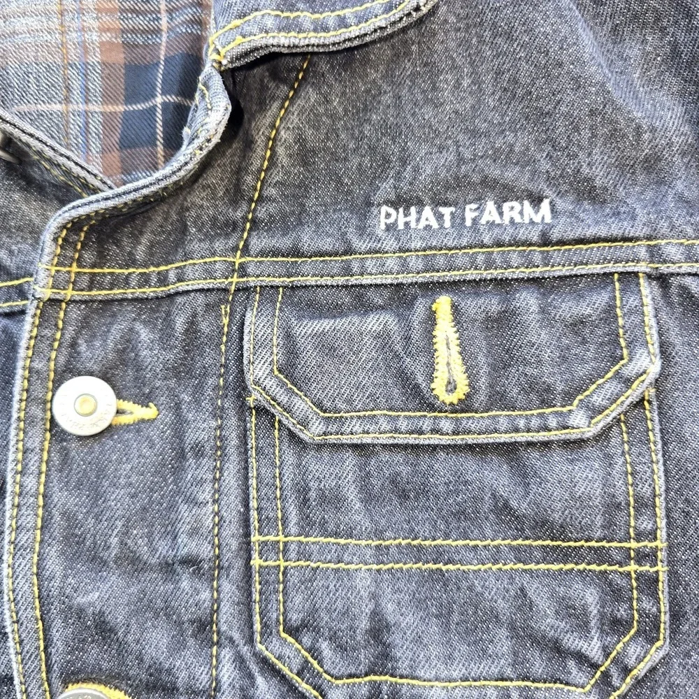 Vintage Phat Farm Kids Denim Jacket Size 7 Y2K Black Plaid Lined Bull Streetwear